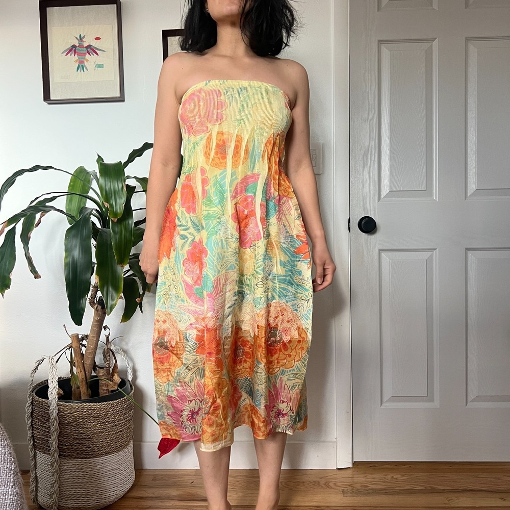 Boho‎ Floral Smocked Strapless Midi Dress Cottagecore Festival Sundress OS